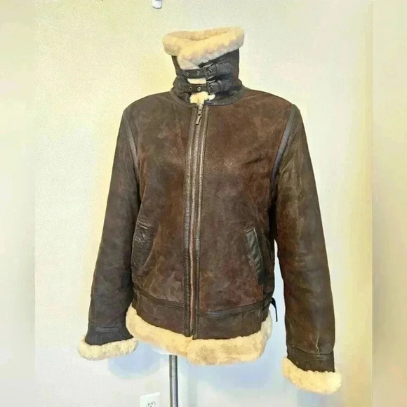 Vintage St. John's Bay Brown Leather Aviator Pilot Jacket with Sherpa Trim - Picture 4 of 16